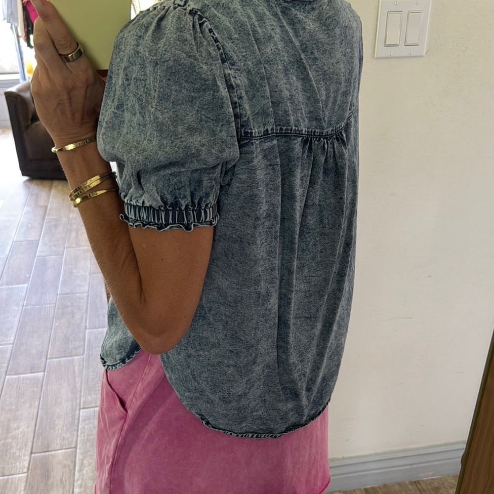 Blue Ruffled Puff Sleeve Blouse - Picture 3 of 5